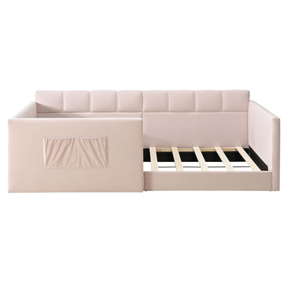 Merax Full Daybed Velvet Upholstered Sofa Bed with High Guardrail and Side Entrance, Space-Saving Full Floor Day Bed with Storage Pockets for Guest Room Apartment, Easy Assembly, Noise-Free, Pink