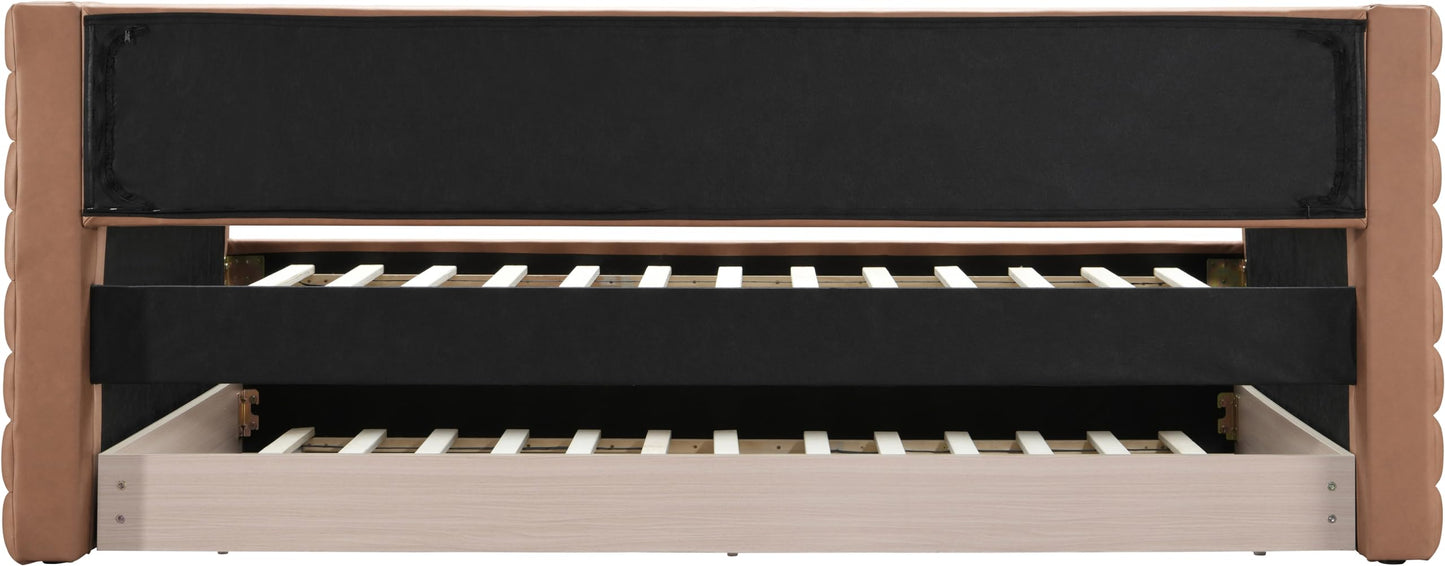 Meridian Furniture BeverlyCognac-T Beverly Collection Modern | Contemporary Twin Daybed with Soft Cognac Premium Vegan Leather, Deep Channel Tufting, Twin Trundle, 87" W x 43.5" D x 34" H, Cognac