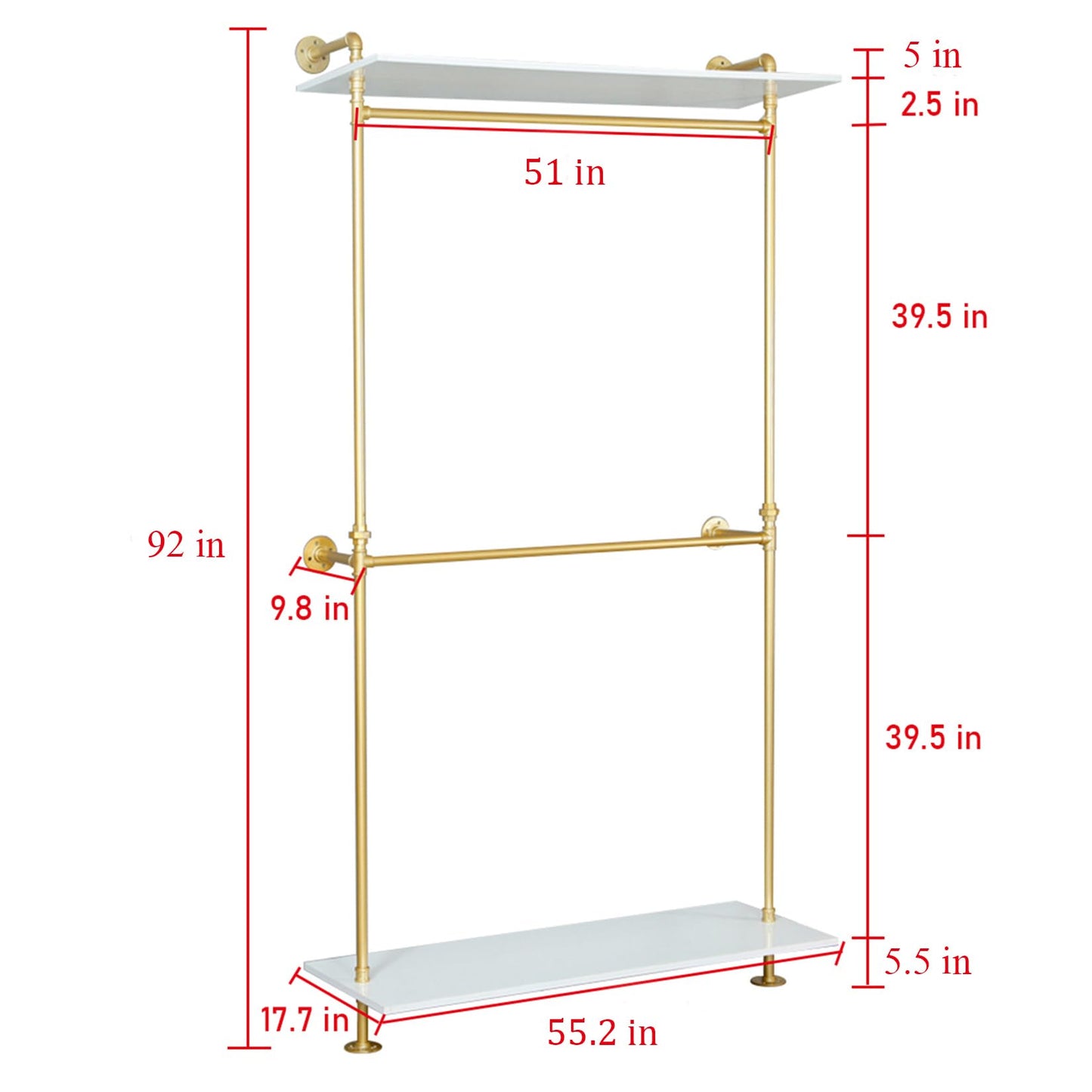 MDEPYCO Modern Simple 2 Tier Metal and Wood Garment Rack,Industrial Pipe Double Hanging Rods Clothing Rack,Retail Display Wall Mounted Storage Clothes Hanging Shelf (One Shelves,Gold, 55.2" L)