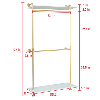 MDEPYCO Modern Simple 2 Tier Metal and Wood Garment Rack,Industrial Pipe Double Hanging Rods Clothing Rack,Retail Display Wall Mounted Storage Clothes Hanging Shelf (One Shelves,Gold, 55.2" L)