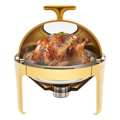 ZephPerton Round Gold Buffet Chafing Dish, Buffet Server Capacity Golden Food Warmer, 180° Roll Top with Visible Glass Lid & Surround Water Heat Insulation for Home Restaurant Party Catering Hotel