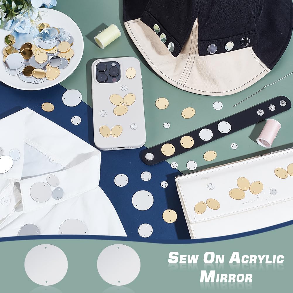 AHANDMAKER 100Pcs Sew on Silver Mirror Rhinestone Acrylic Mirror Tiles Flat Round Decorative Mosaic Tiles Two Hole Links for Garment Accessories Home Decoration Crafts Jewelry Making 39.5x0.7mm