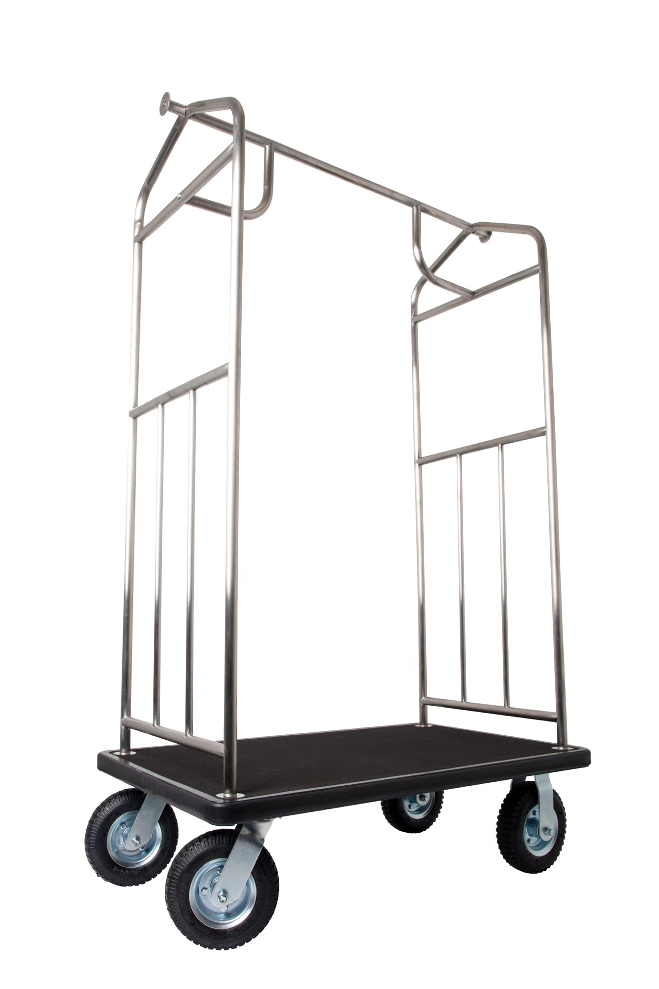 Wholesale Hotel Products Stainless Steel Luggage Cart – 800lb Capacity – Bellman Cart w/ 6” Air Filled Tires & Black Carpet, for Hotel, Resorts, Condos, Commercial Use (Value Valet Series)
