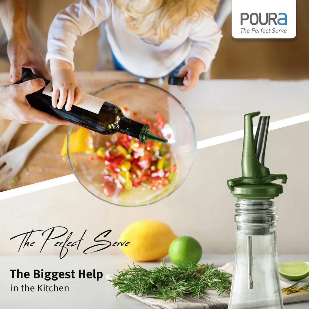 AIRTIGHT Olive Oil Pour Spout for Olive Oil Dispenser - UK Patented Oil Pourer - Hygienic One Handed Open Close Mechanism Keeps Oil Fresh. Dust Caps Cover | Screens Alternative - Green 2 PCs