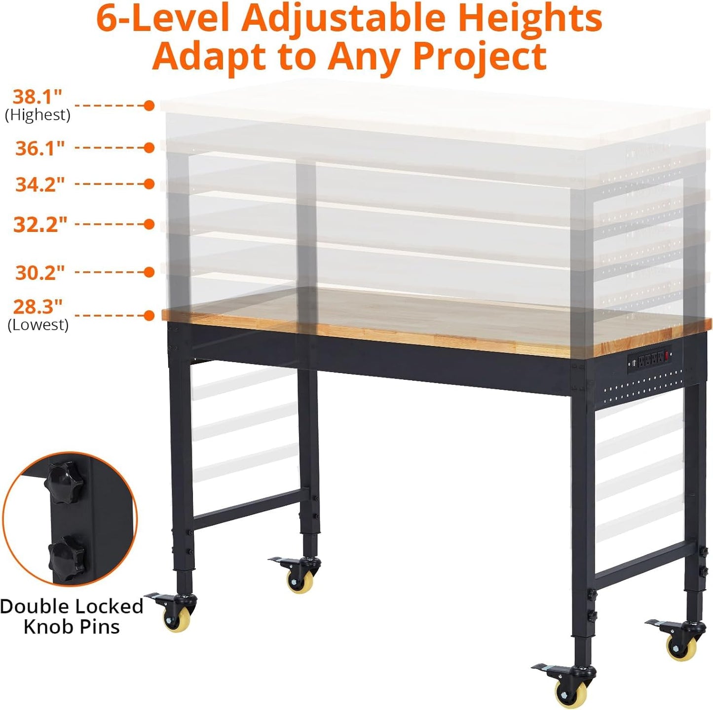 Adjustable Height Garage Workbench 72" X 25" - Heavy Duty 2000 lbs Capacity, Rubber Wood Top, Rolling Workstation with Drawer Storage, Power Outlets & Lockable Wheels - Perfect for Workshop
