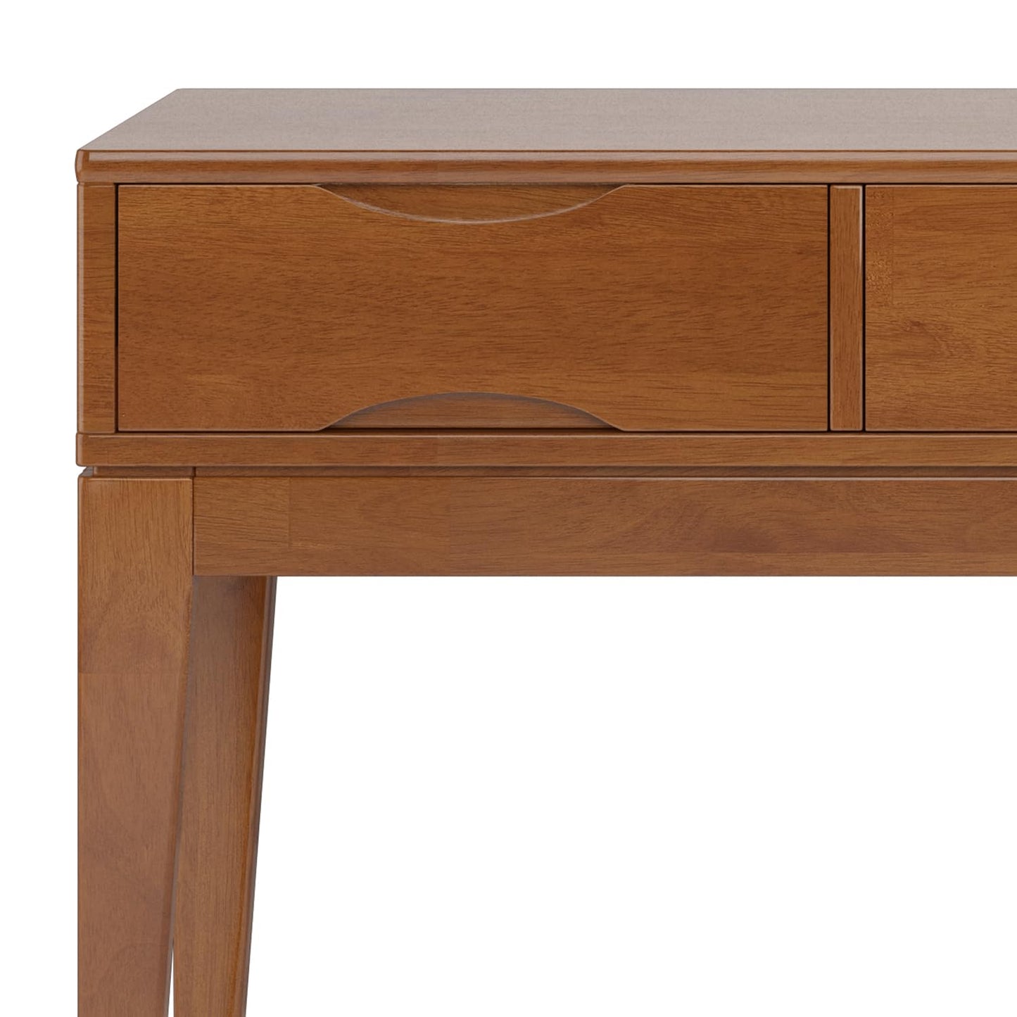 SIMPLIHOME Harper Console Table - 54 Inch Wide Solid Hardwood Sofa Table in Teak Brown, Mid-Century Modern Storage Table for Entryway or Living Room with 3 Drawers, Notched Handles, and Tapered Legs