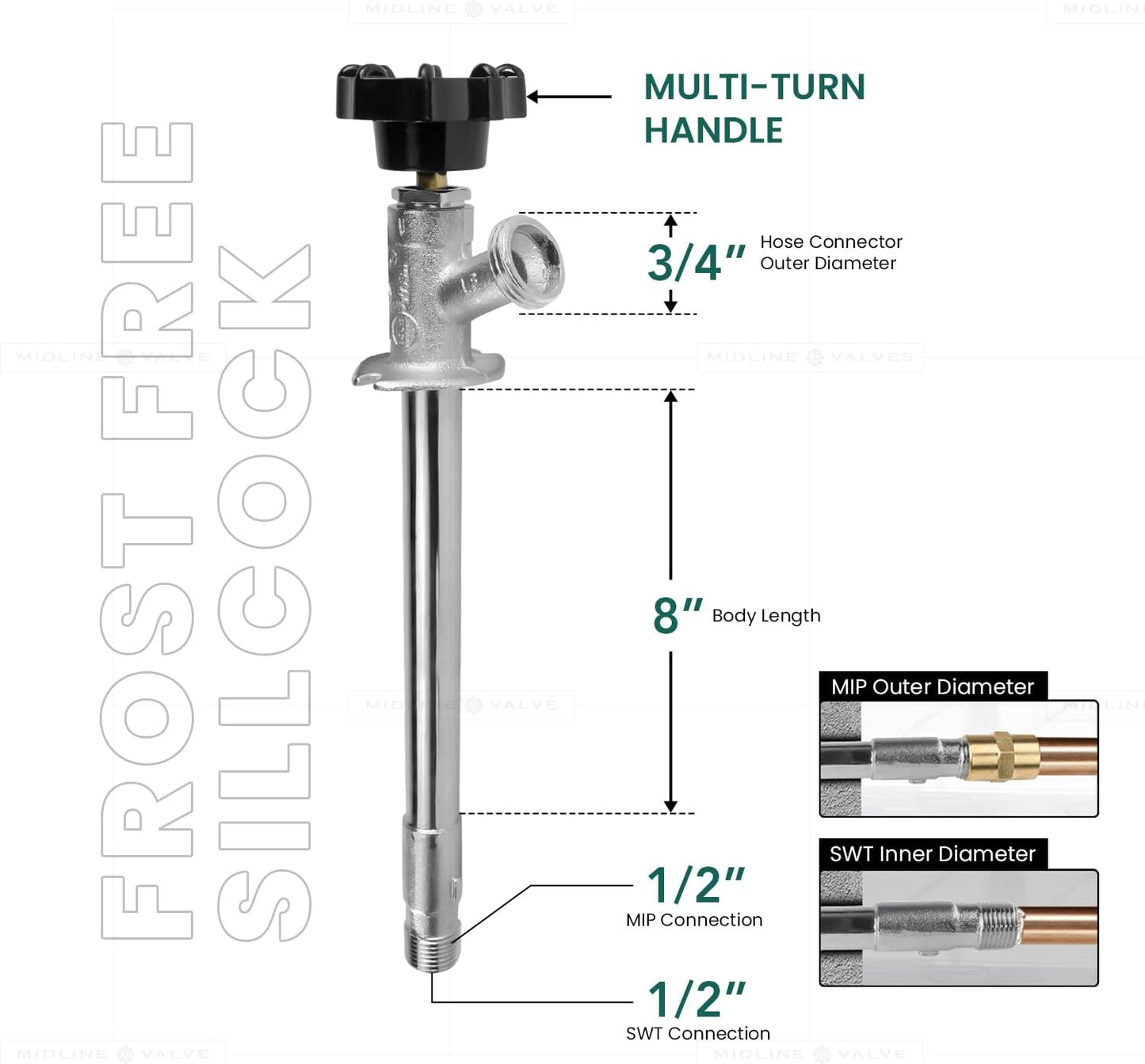 8 Inch 1/2" 3/4" Midline Valve Frost-Free Sillcock, Chrome-Plated Brass Body MIP/Sweat Inlet x Hose Bib Outlet