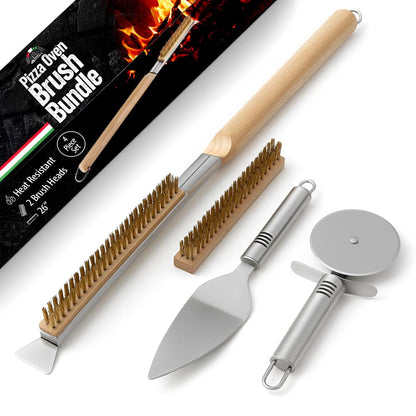 Essential Pizza Oven Accessories Kit- Includes Extra-Long Wooden Handle, 2 Brush Heads with Stainless Steel, Heat-Proof Bristles- + Slicer & Server |Works on Gozney, Blackstone & Pizza Ovens
