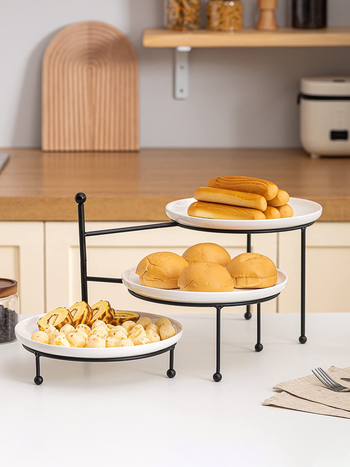 Kanwone 3 Tiered Serving Stand with White Porcelain Plates, 10" Round Tray, Dessert Table Display Set, Black Metal Stand, Versatile & Durable