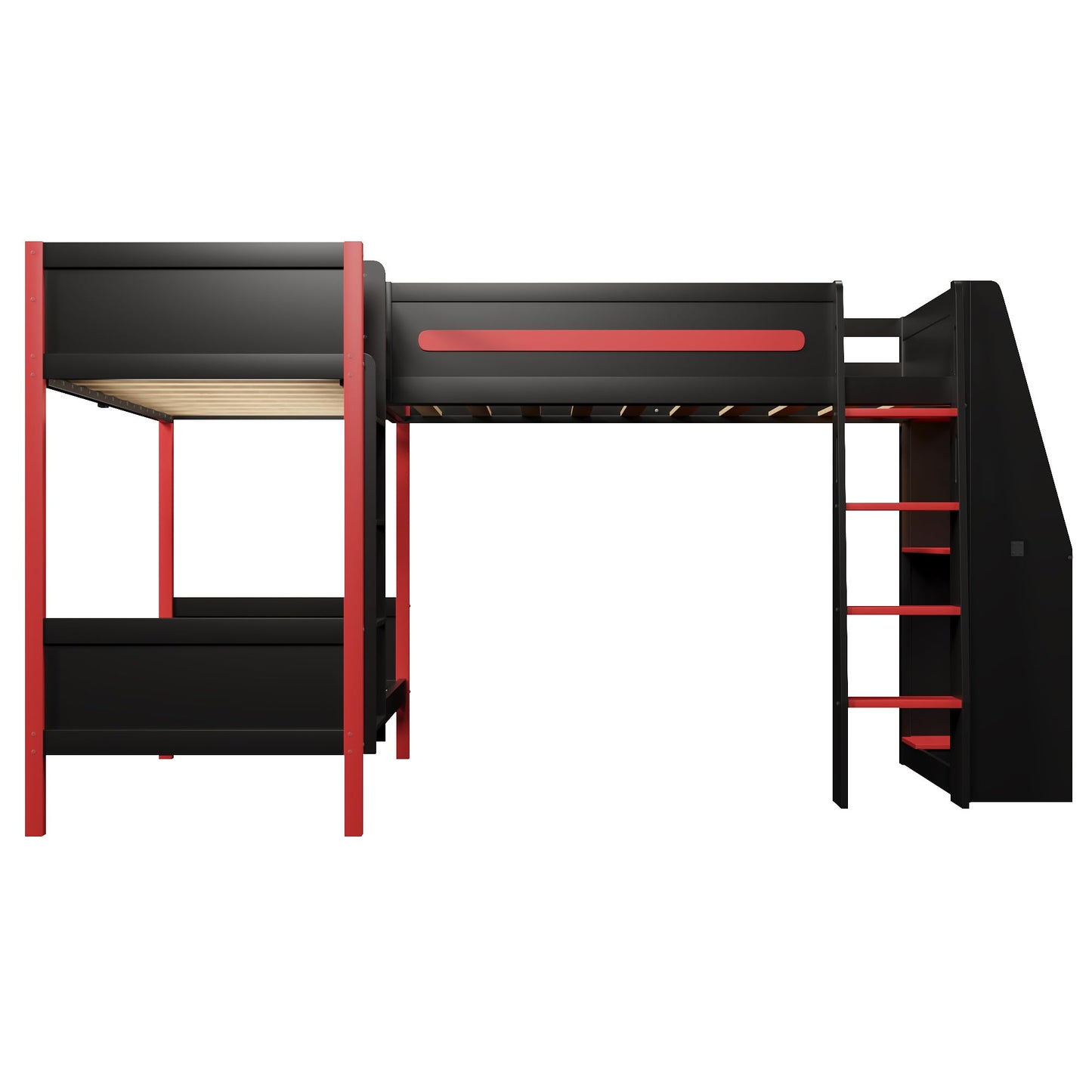 Merax L-Shaped Twin Size Triple Bunk Bed for 3 People, Wood Gaming Loft Bed with Built-in Desk, Shelves, Lights and Full-Length Guardrails, Black+Red