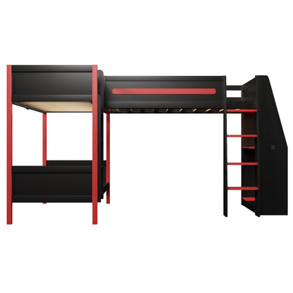 Merax L-Shaped Twin Size Triple Bunk Bed for 3 People, Wood Gaming Loft Bed with Built-in Desk, Shelves, Lights and Full-Length Guardrails, Black+Red
