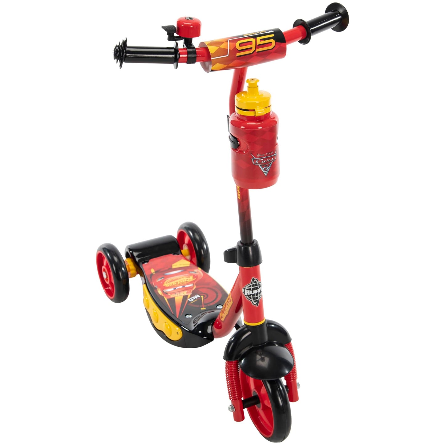 Huffy Disney Pixar Cars Preschool Scooter with Lights, Bell, and Water Bottle, Superhero Red