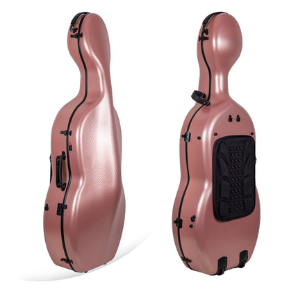 Crossrock 4/4 Cello Case with Wheels – Matte Rose Gold Poly Carbon Shell, Black Velvet Interior, Ergonomic Handles, Music Pouch – Everyday Protection Series