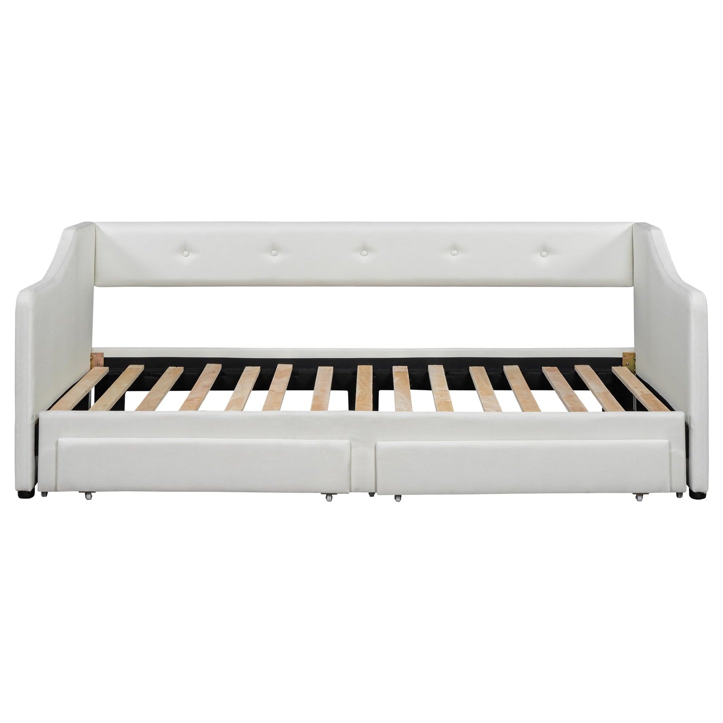 Twin XL to King Size Upholstered Daybed with Linen Fabric, 2 Storage Drawers, Extendable Platform Bed with Foam-Padded Back and Armrests, Sturdy Pine and MDF Frame, Sofa Bed for Users, Beige