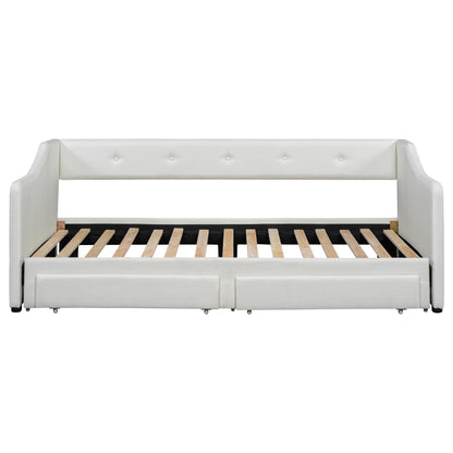 Twin XL to King Size Upholstered Daybed with Linen Fabric, 2 Storage Drawers, Extendable Platform Bed with Foam-Padded Back and Armrests, Sturdy Pine and MDF Frame, Sofa Bed for Users, Beige