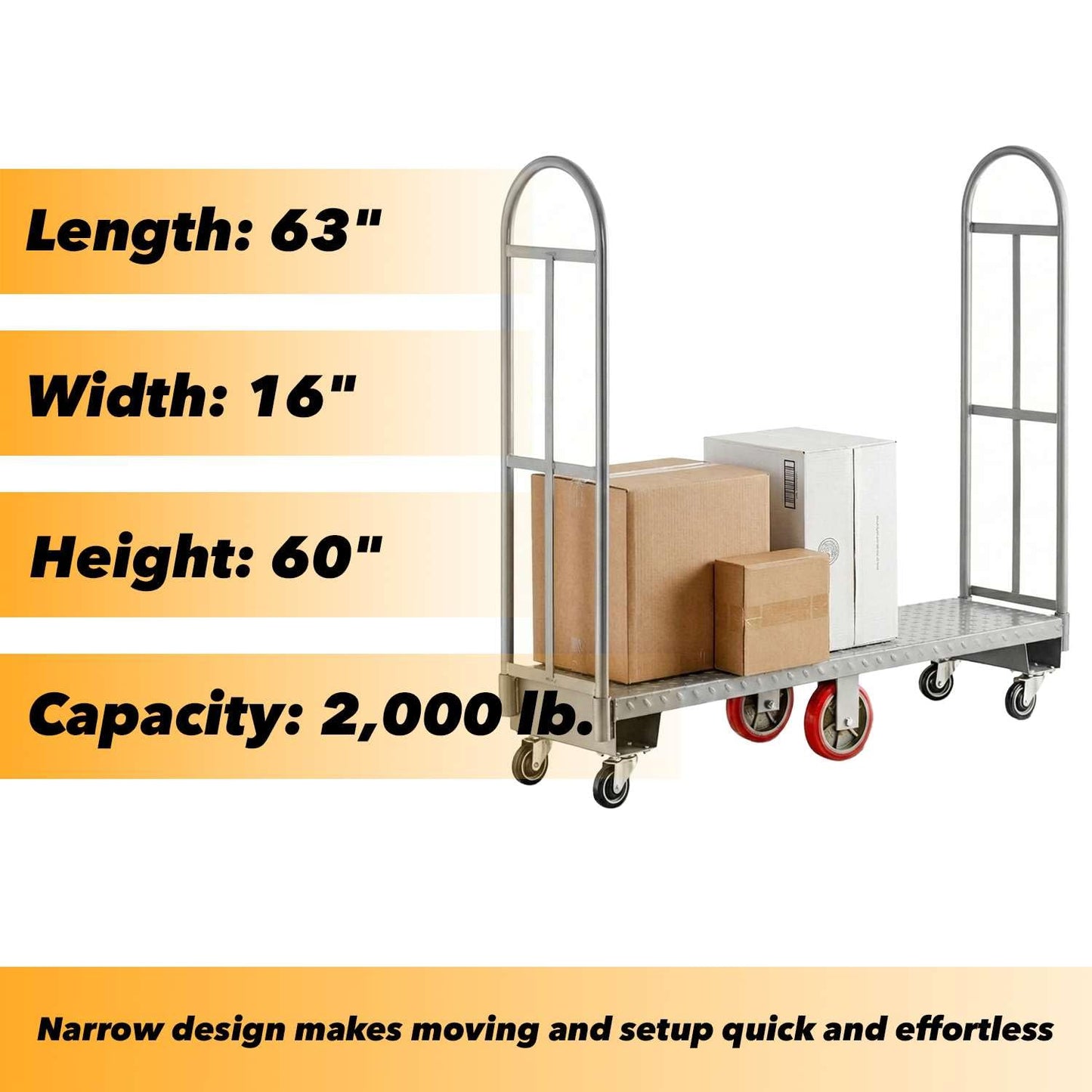 16" x 60" Heavy-Duty Steel U-Boat Utility Cart - 2000 lb Load Capacity, Narrow Maneuverable Design with Removable Handles, High-Stability Casters for Warehouse & Commercial Use