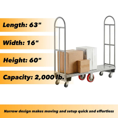 16" x 60" Heavy-Duty Steel U-Boat Utility Cart - 2000 lb Load Capacity, Narrow Maneuverable Design with Removable Handles, High-Stability Casters for Warehouse & Commercial Use