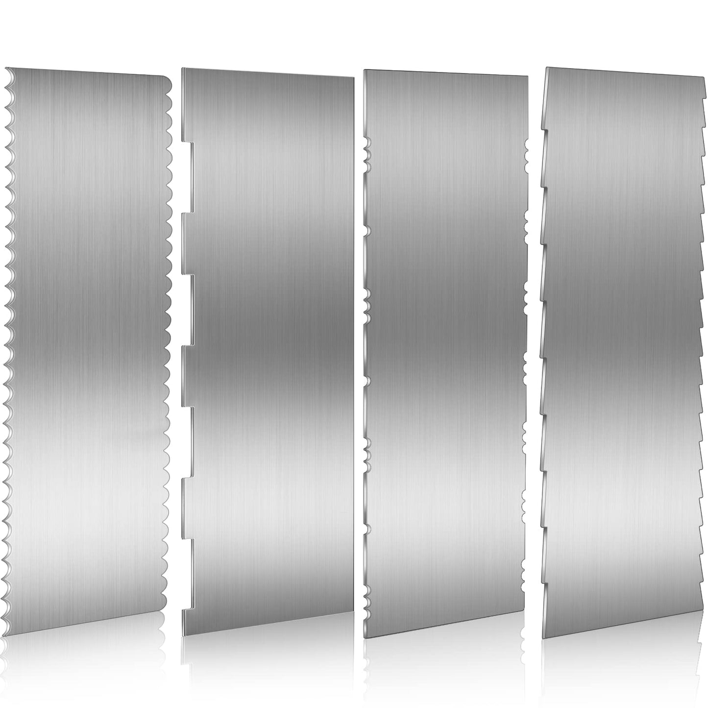 4 Pieces Stainless Steel Cake Scraper 9 Inch Large Double Sided Patterned Edge Stripe Edge Smoother Scraper Cake Decorating Comb Pastry Cutter for Mousse Butter Cream Decoration(9 x 3.5 Inches)