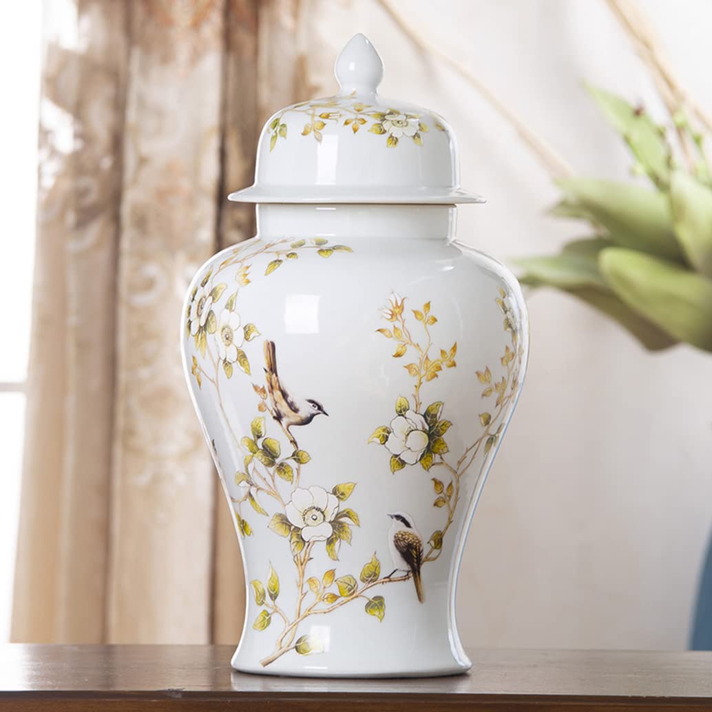 UWYTGF White Ceramic Ginger Jar with Lid for Home Decor,Traditional Chinese Flowers and Birds Temple Jar,Jingdezhen Handcrafted Porcelain Vase Centerpiece Decor L,White Small,White,M