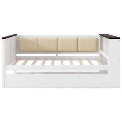 Merax Twin Size Wood Daybed with Storage Shelves, Platform Bed Frame Upholstered Backrest, USB and Trundle, Easy Assembly, White