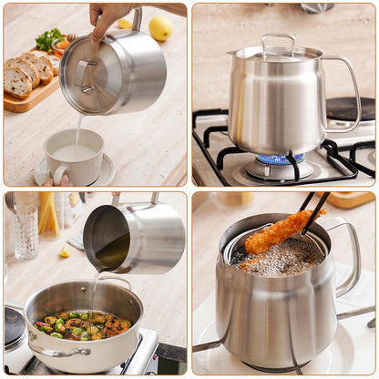 68oz Deep Fryer Pot with Basket and Oil Strainer, Abnaok 304 Stainless Steel Deep Frying Pot for French Fries, Chicken, or Japanese Tempura, Heavy Duty Bacon Grease Strainer