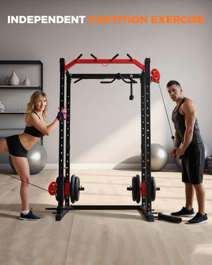 Power Cage, Power Rack with Cable Crossover System, 2000LBS Squat Rack with LAT Pull Down System, Workout Cage with Pulley System for Fitness Home Gym Strength Training
