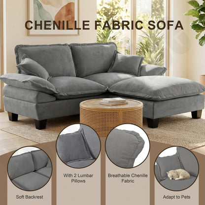 KEIKI 76.3" Modular Sofa with Ottoman, Chenille Sailboat Cloud Couch with Deep Seat Comfort, Modern Loveseat for Apartment Living Room, Lounge Seating, Relaxation Setup