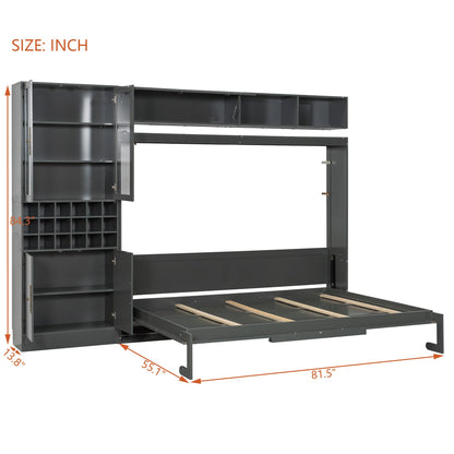 Merax Queen Size Murphy Bed Wall Bed with Sofa, Shelves, USB & Light - Space Saving Foldable Bed for Small Apartments, Grey