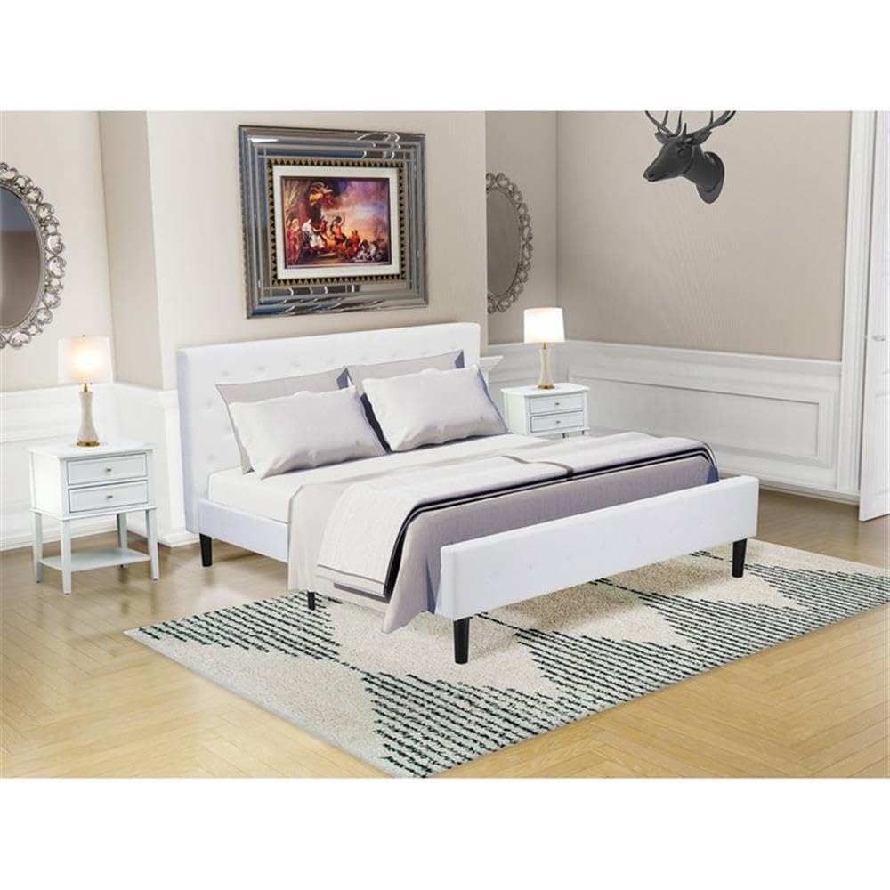 East West Furniture NLF-19-K Nolan Platform Bed - Button Tufted White Velvet Fabric Upholstered Headboard & Footboard, Black Legs, King Size