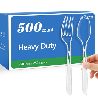 SACATR 500 Count Plastic Silverware Heavy Duty -250 Forks, 250 Spoons，BPA-Free,Heat Resistant Disposable Plastic Spoons Bulk, Solid Durable Premium Cutlery for Parties, Events and Everyday Use