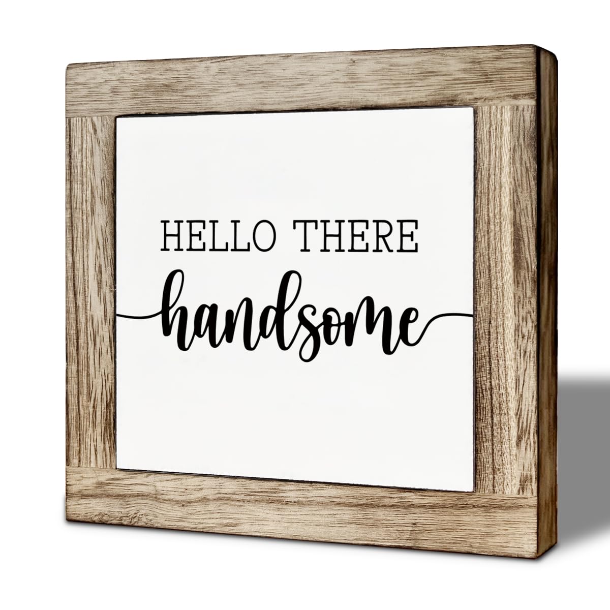 Farmhouse Inspirational Wooden Box Sign, Hello There Handsome Quote Sign, Rustic Motivational Decor for Tabletop, Funny Home Desk Decor for Living Room Office 5.9x5.9 Inches