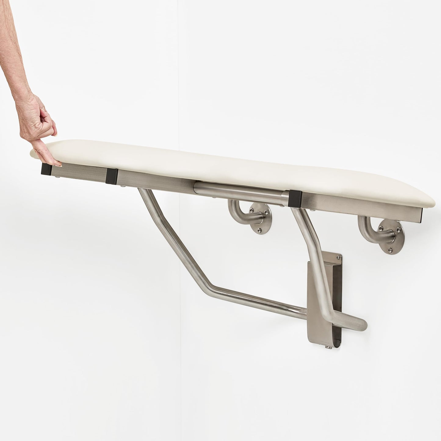 Seachrome Lift-Assist Shower Seat, L-Shaped Right-Hand, ADA, Wall Mount, Padded White Naugahyde