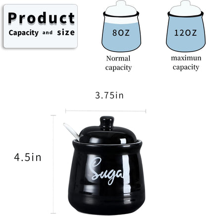 HAOTOP Farmhouse Porcelain Sugar Bowl with Lid and Spoon, 12oz, Easy to Clean (Black)