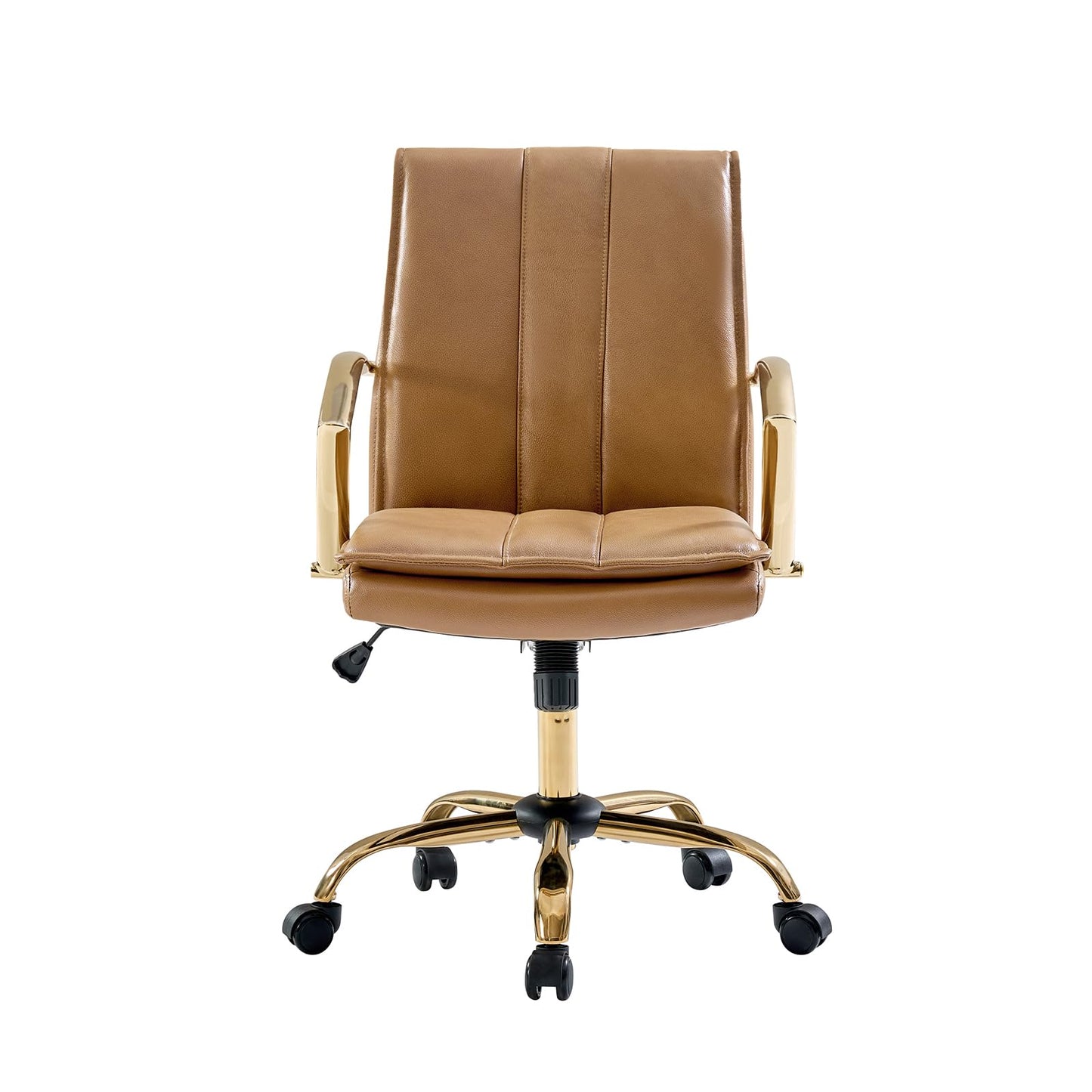 HULALA HOME Genuine Leather Home Office Chair with Rocking Tilt Function, Modern Swivel Executive Desk Chair with Golden Legs and Arms, Height Adjustable Upholstered Computer Task Chair, Camel