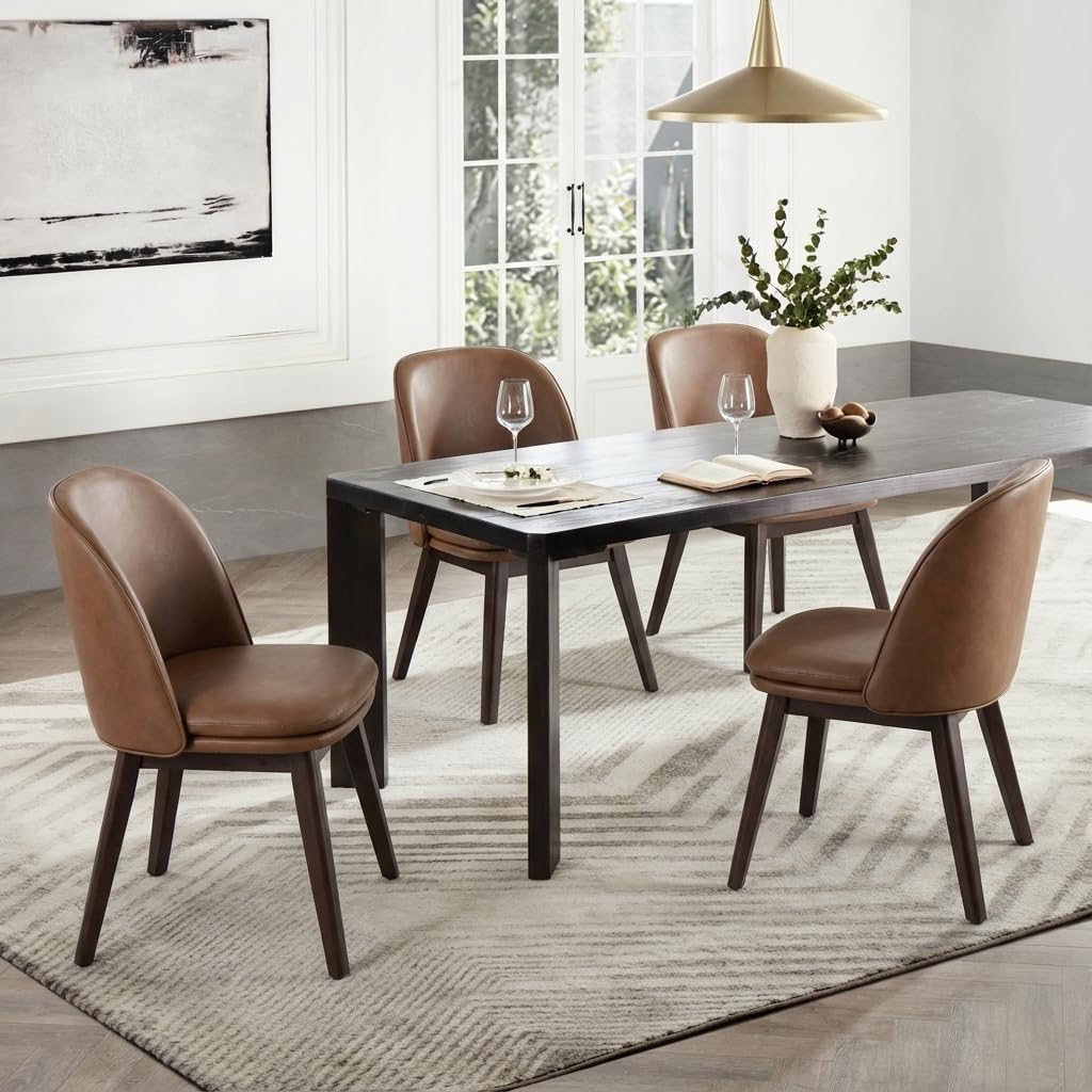KISLOT Wooden Dining Chairs Set of 4, Faux Leather Upholstered Modern Dining Room Chairs with Double-Layer Thick Seat Cushion & Ergonomic Backrest for Restaurant, Kitchen and Café, Brown, 2 Boxs
