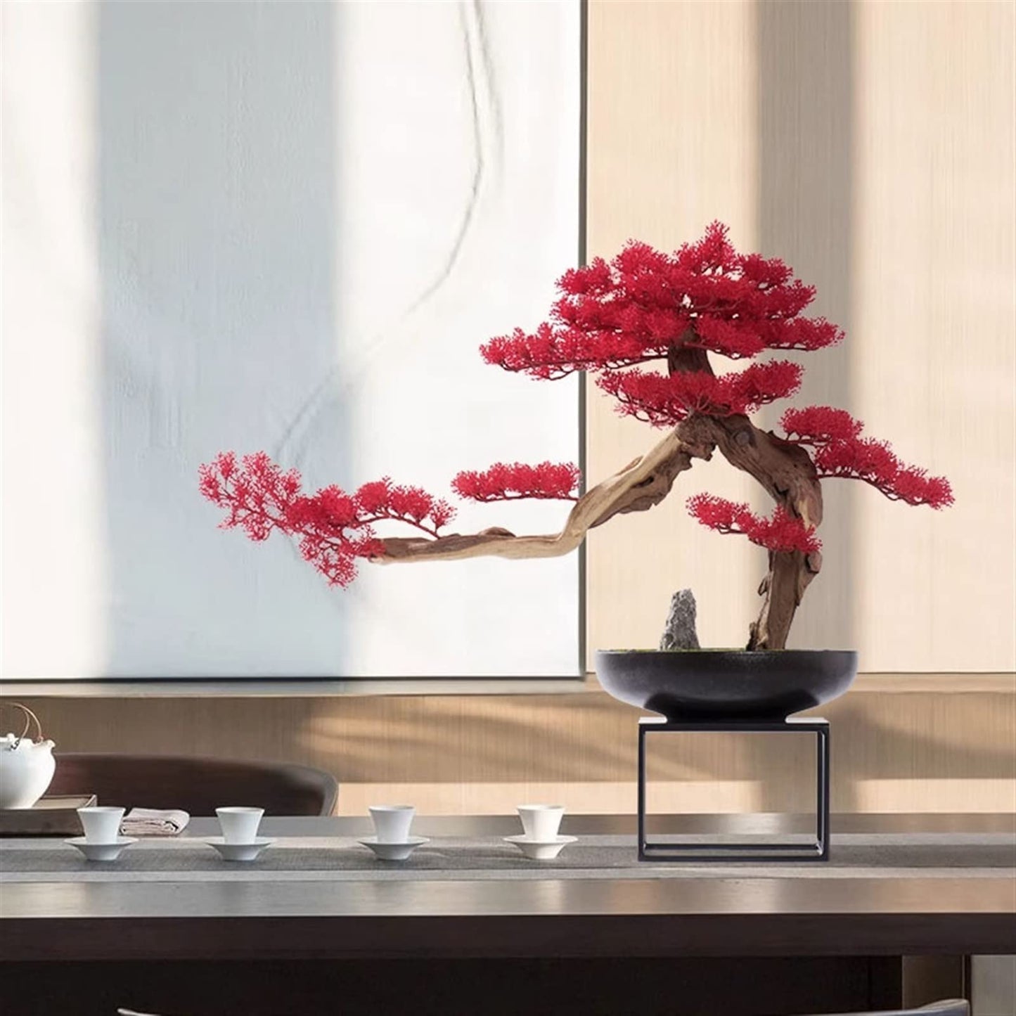 Simulated Tree, Red Artificial Bonsai Pine Tree Welcome Pine Bonsai Ornament Ceramic Potted Plant Modern Luxury Office Living Room Corridor Decoration,Artificial Bonsai Tree