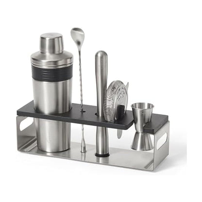 Rabbit 6-Piece Bar Tool Set - Stainless Steel Cocktail Shaker with Integrated Strainer, Muddler, Stir Spoon, Double Jigger, Hawthorne Strainer and Stand