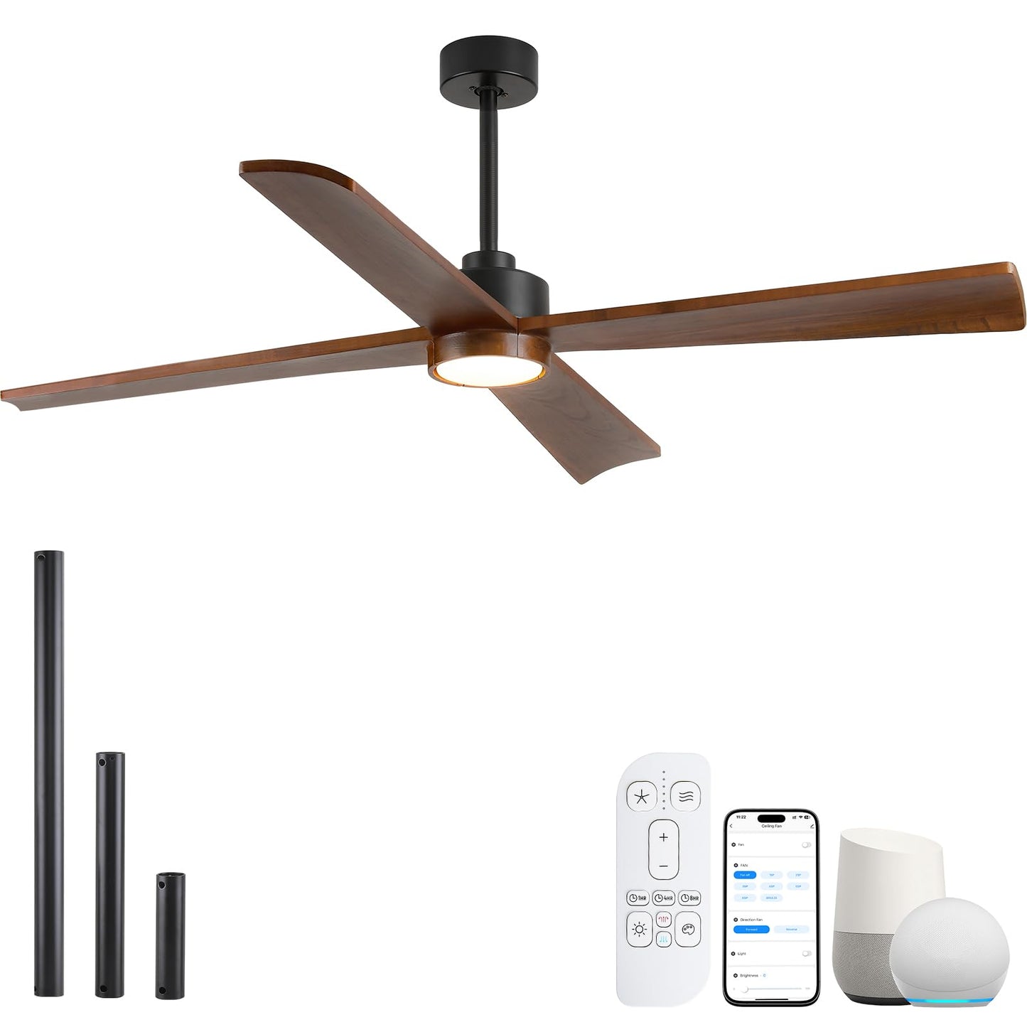 60 Inch Outdoor Smart Ceiling Fan with Light for Patio Damp Rated -High CFM Propeller 4 Wood Blades for Large Room, Rustic Farmhouse, Alexa/Tuya App/Remote Control, Quiet DC Motor, Porch, Gazebo