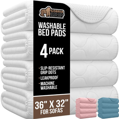 GORILLA GRIP Washable Underpads, Waterproof Reusable Heavy Absorbency Incontinence Bed Pads, Leak Proof Toddler Mattress Pad, 24x36 4 Pack, Slip Resistant for Bedwetting, Adults and Kids, White
