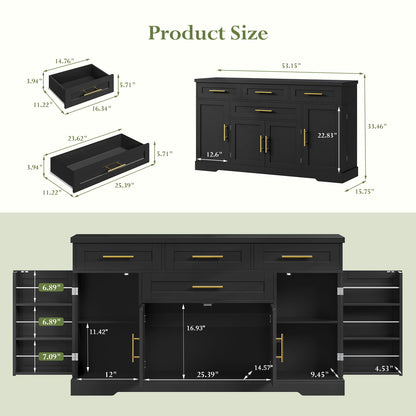 Concho 54" Buffet Cabinet with Storage, Kitchen Sideboards Small Coffee Bar Cabinet with 4 Drawers, Modern Kitchen Storage Cabinet for Living Room, Jet Black