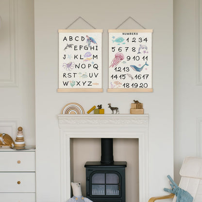123 12x16 Set 2 Supwhd Ocean Nursery Decor, Alphabet Numbers Ocean Animals Poster Hanger Frame, Sea Animals ABC