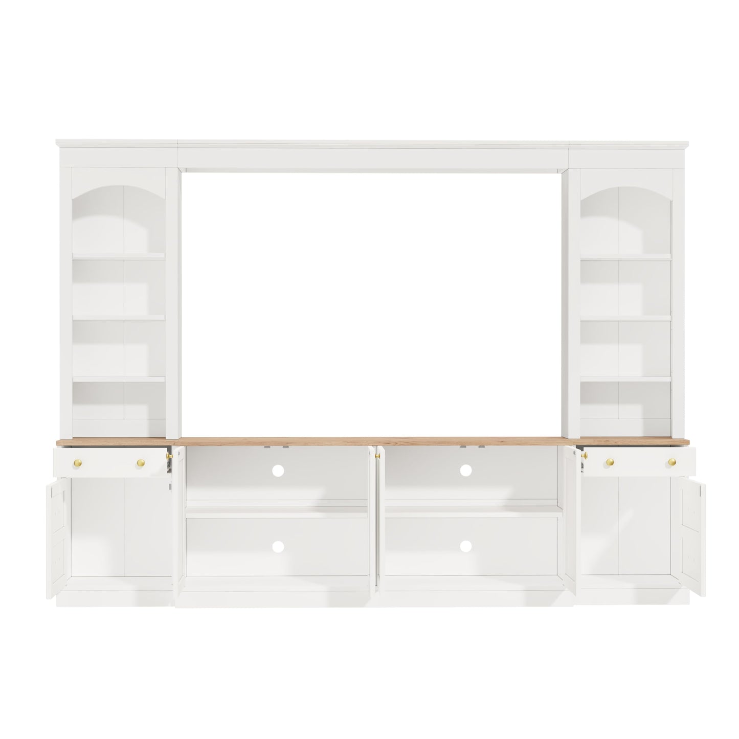 Merax Farmhouse 106-Inch Arched Entertainment Wall Unit Set with Adjustable Shelves, TV Stand for Televisions Up to 70'', Mid-Century Large Media Console with Drawers for Living Room, White