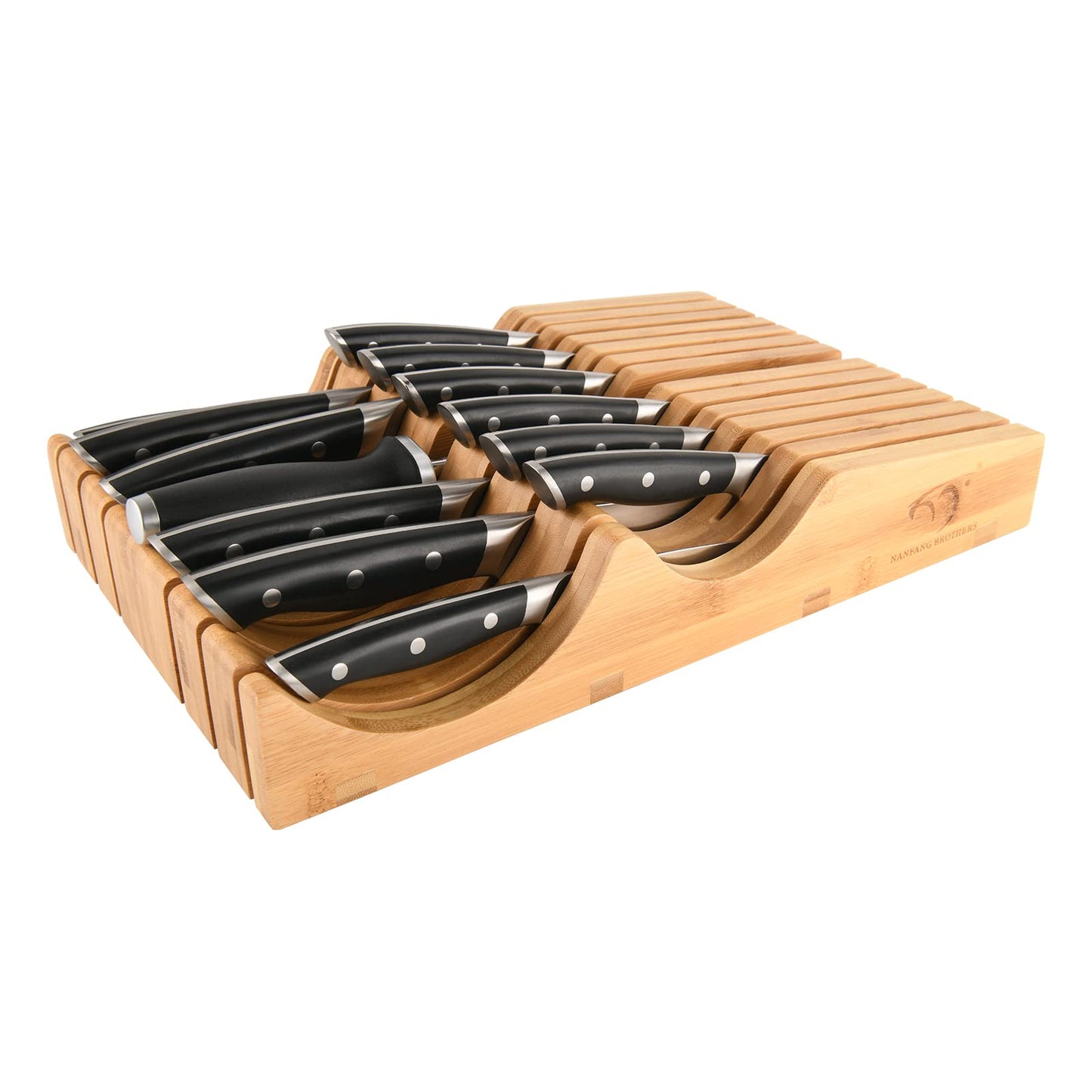 In-Drawer Knife Block with 12 Pieces Japanese Damascus Knives and Sharpener, Bamboo Knife Drawer Organizer with 67-Layer Damascus Steel, Slots for 13 Knives Kitchen Drawer, Counter Top
