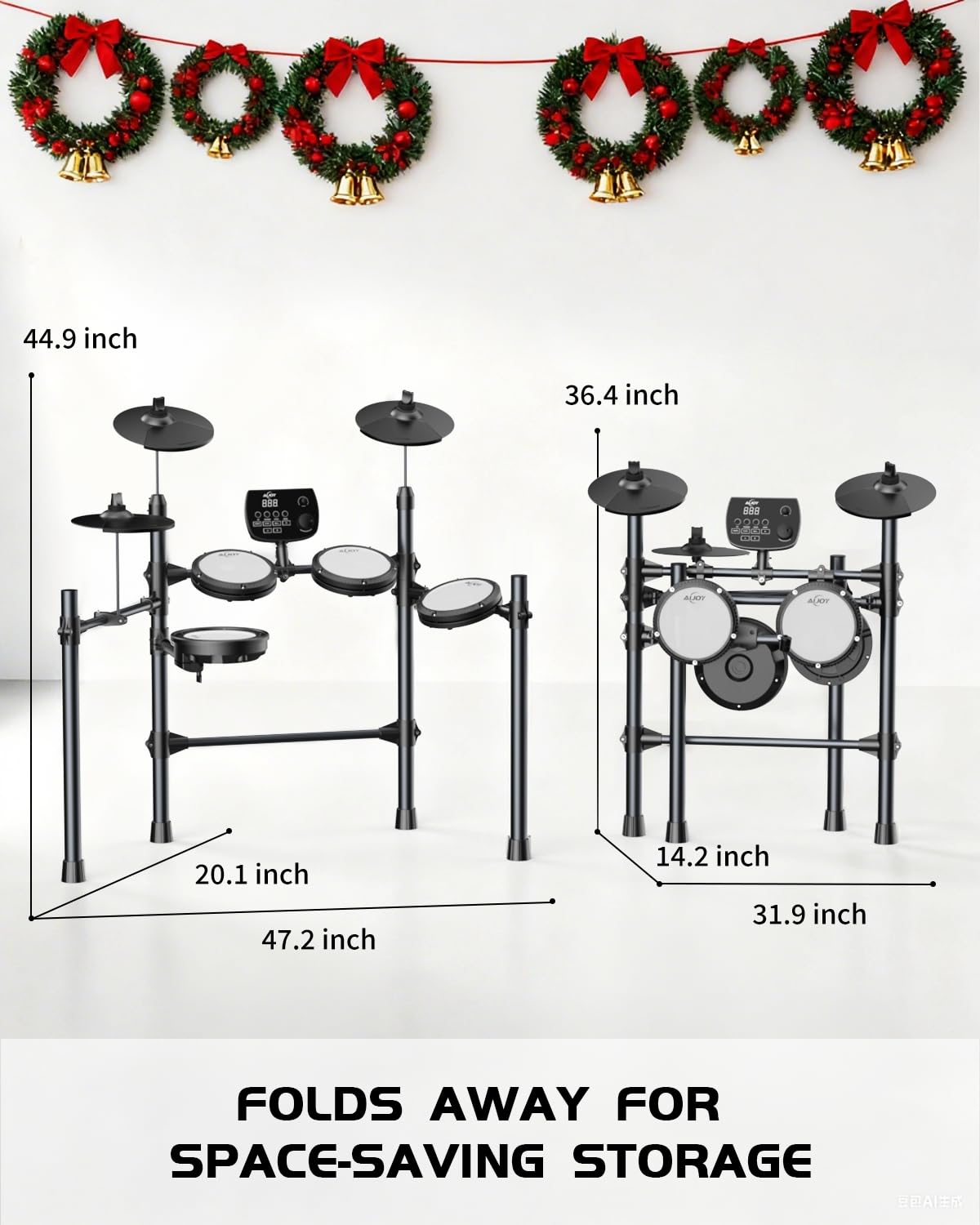 AiJoy Electric Drum Set for Beginners & Adults, Quiet Mesh Pads Digital Drum Kit, Dual-Zone Snare, 5 Drums 3 Cymbals, 195+ Sounds, USB MIDI, Includes Throne, Headphones & Sticks for Apartment Practice