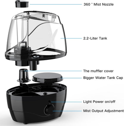 Humidifiers for Bedroom and Large Room, 2.2L Cool Mist Humidifier for Baby, 30 Hours with Whisper-Quiet Operation, Adjustable 360° Rotation Nozzle, Night Light Function, BPA Free
