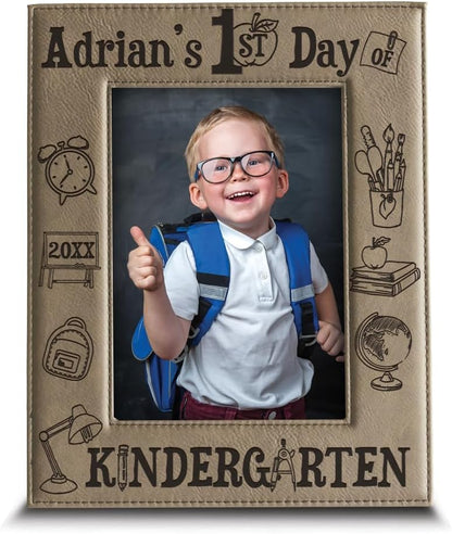 BELLA BUSTA My First Day of Kindergarten Personalized Kids School Keepsake Engraved Leather Picture Frame (5 x 7