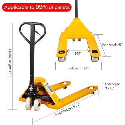 EZMHBRO Leak-Proof Pallet Jack, 5500 lbs Load Capacity, Manual Pallet Truck with 48L x 27W Inch Forks for Pallet Moving, Nylon Wheels Suitable for Warehouse, Supermarket, Factory