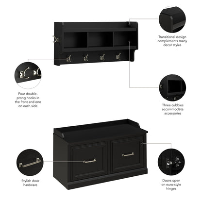 Bush Home Woodland 40W Shoe Storage Bench with Doors and Wall Mounted Coat Rack in Black Suede Oak | Foyer, Mudroom, Entryway Organizer