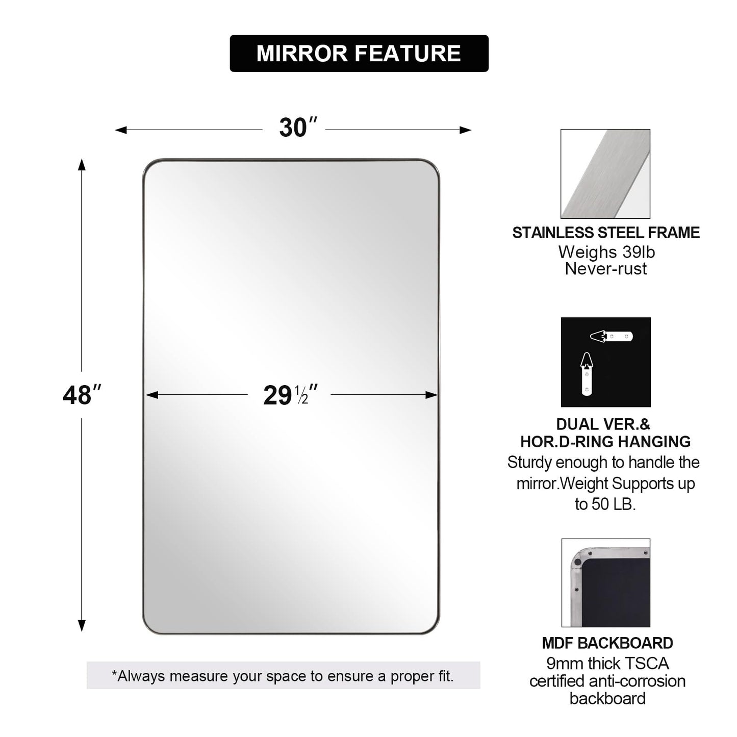 ANDY STAR 30"x48" Brushed Nickel Bathroom Mirror, Large Wall Mirror for Bathroom, Rounded Rectangle Mirror in Premium Stainless Steel Metal Frame Hangs Horizontal Or Vertical