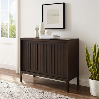 Pemberly Row Modern Record Storage Media Console, 42.13" Wide Wood Cabinet, Dark Brown Finish, Sliding Doors, Adjustable Shelves, Hinged Turntable Compartment, Mid-Century Style Entertainment Center